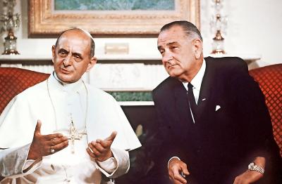 Paulus VI in New York met de Amerikaanse president Lyndon B. Johnson. © Belga Image