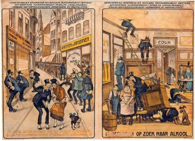 Cartoon uit 1919-1921 toont politie en douaniers op zoek naar verborgen sterkedrank. © Jenevermuseum Hasselt